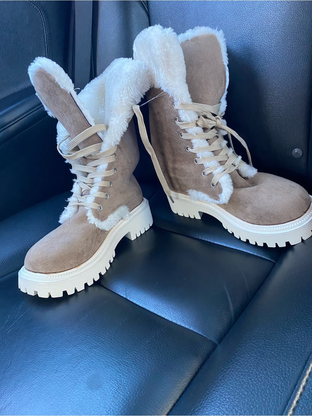 Cozy Tan Faux-Suede & furry lined Lace-Up Winter Boots